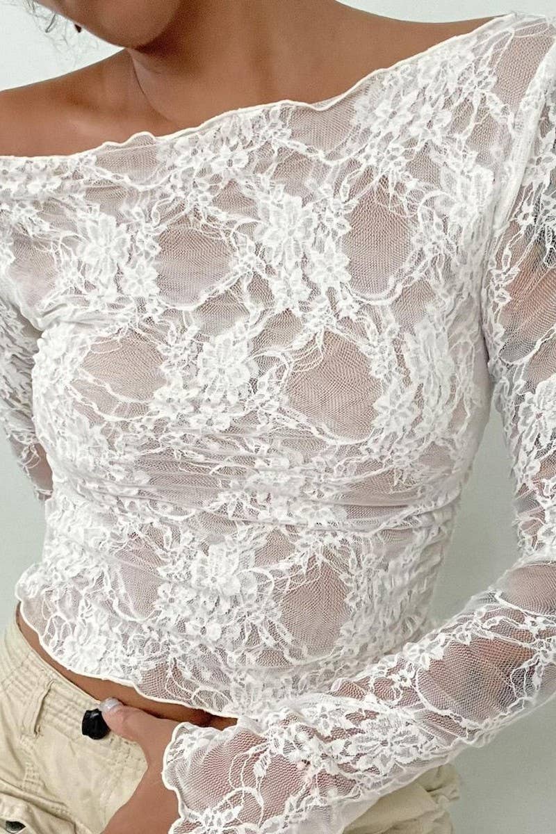 CWTBLL1194_SOLID COLOR LACE STITCHING LONG SLEEVE TOP