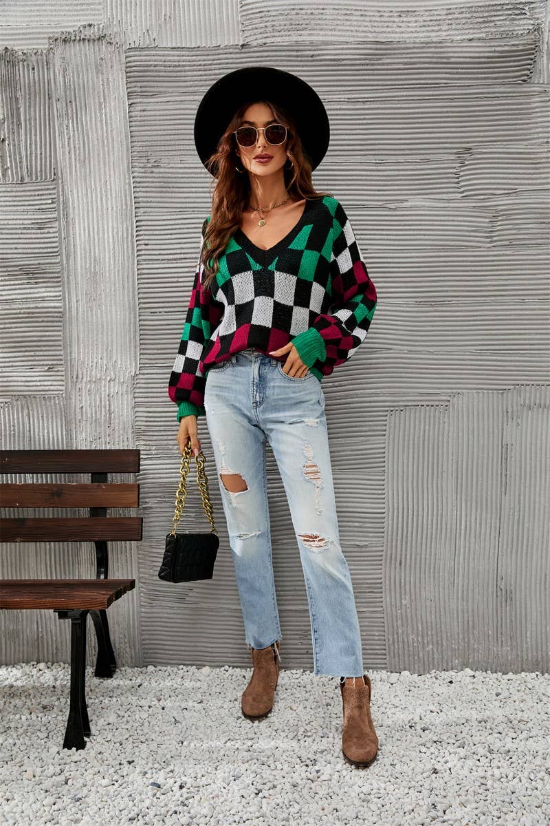 CWOSWL3174_V-NECK PLAID CONTRAST KNITTED PULLOVER SWEATER
