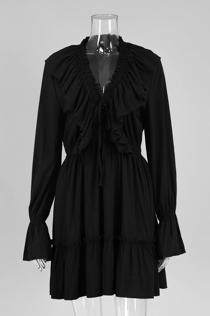 CWDSD7805_V-NECK BELL SLEEVE SHORT CHIFFON DRESS