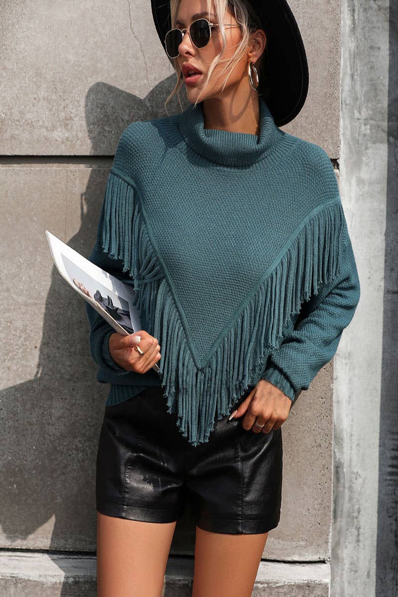 CWOSWL604 Turtle neck Fringe Tassel Pullover Sweater