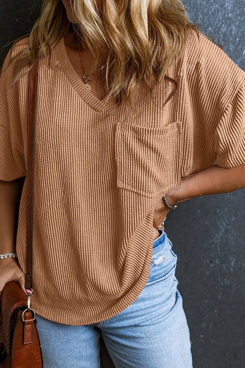 CWTTS1382_SUMMER FASHION POCKET SHORT SLEEVE V NECK TOP