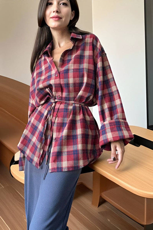 CWTBLL00579_LOOSE RETRO LACE-UP PLAID LONG-SLEEVED SHIRT