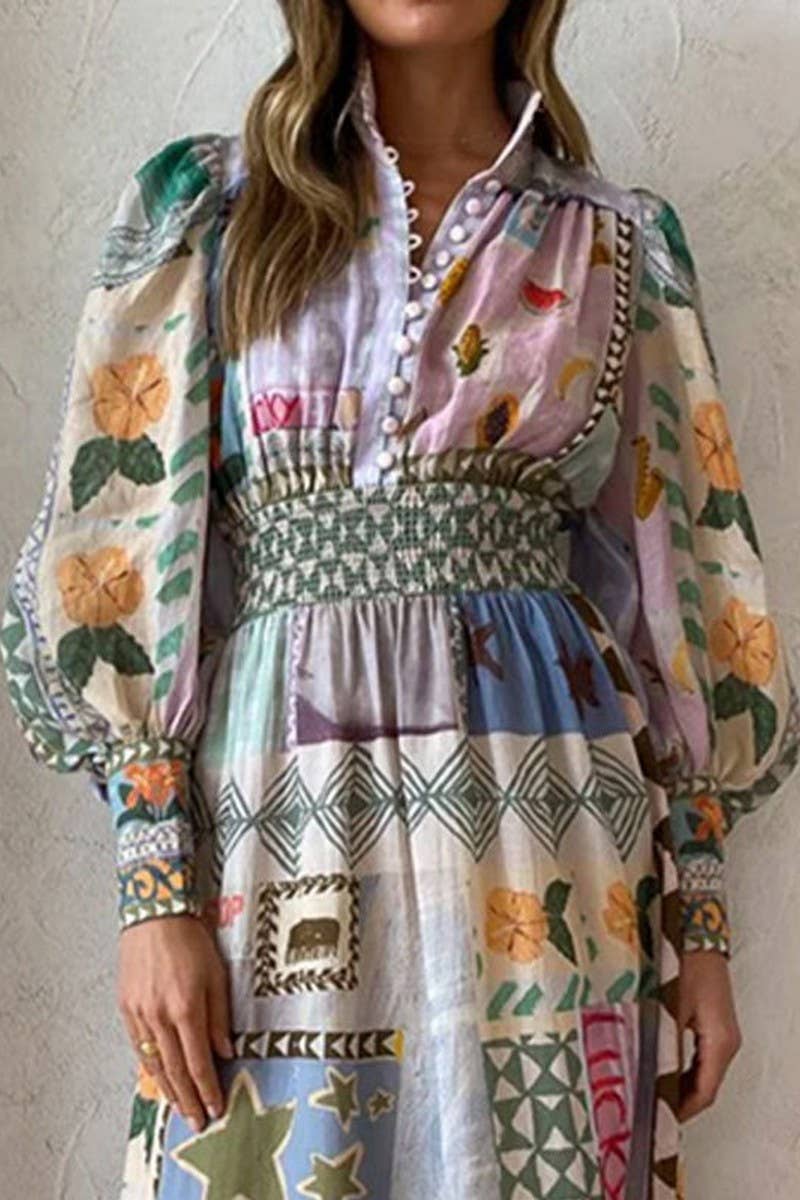 CWDMD5757_SPRING ELEGANT PAINTED FASHION LONG-SLEEVED DRESS