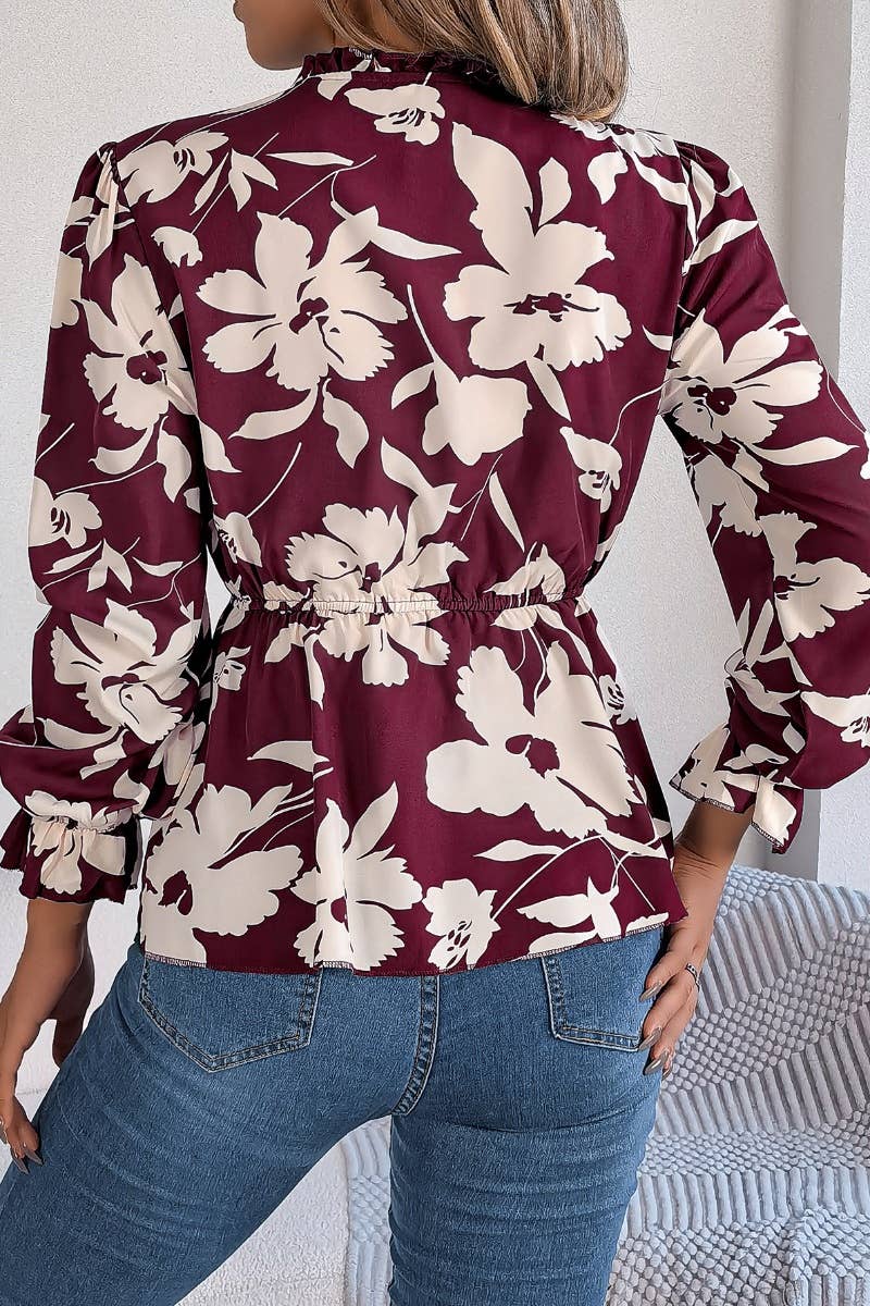 CWTBLL0954_CASUAL FLORAL LACE-UP LONG-SLEEVED CHIFFON TOP