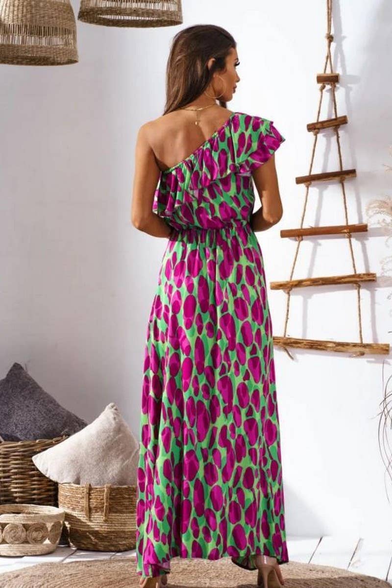 CWDMD4117_OFF-SHOULDER WAIST PRINTED LONG DRESS