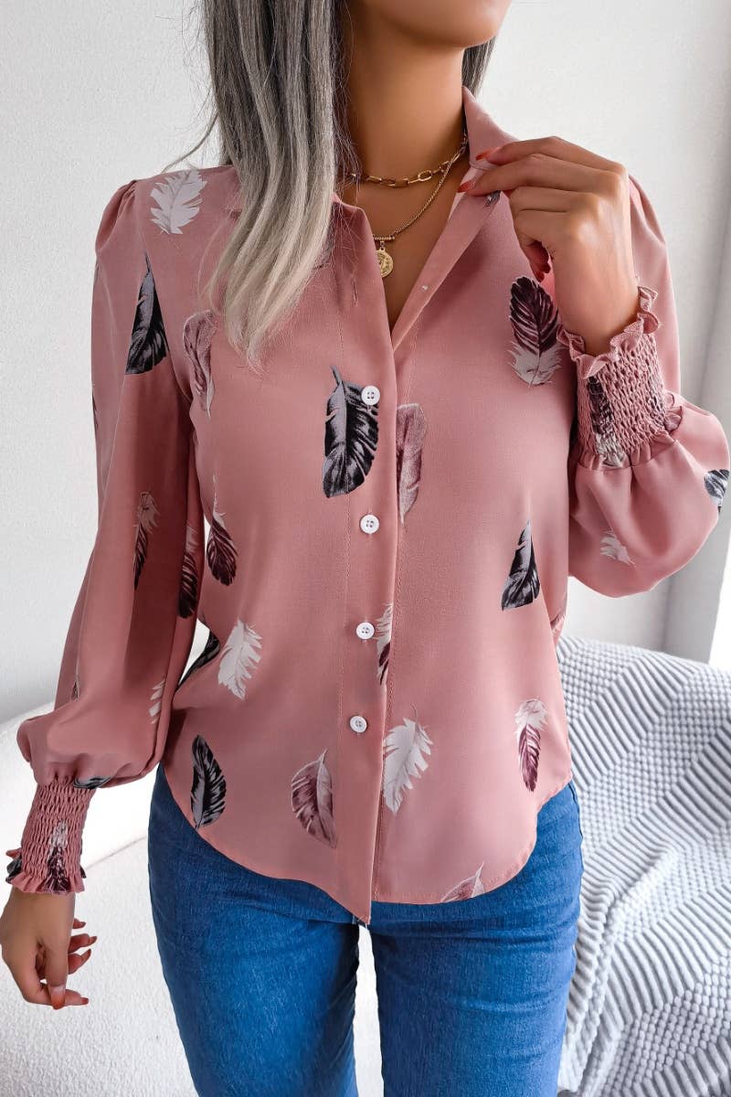 CWTSTL1206_SUMMER CASUAL FEATHER PRINT LONG-SLEEVED SHIRT