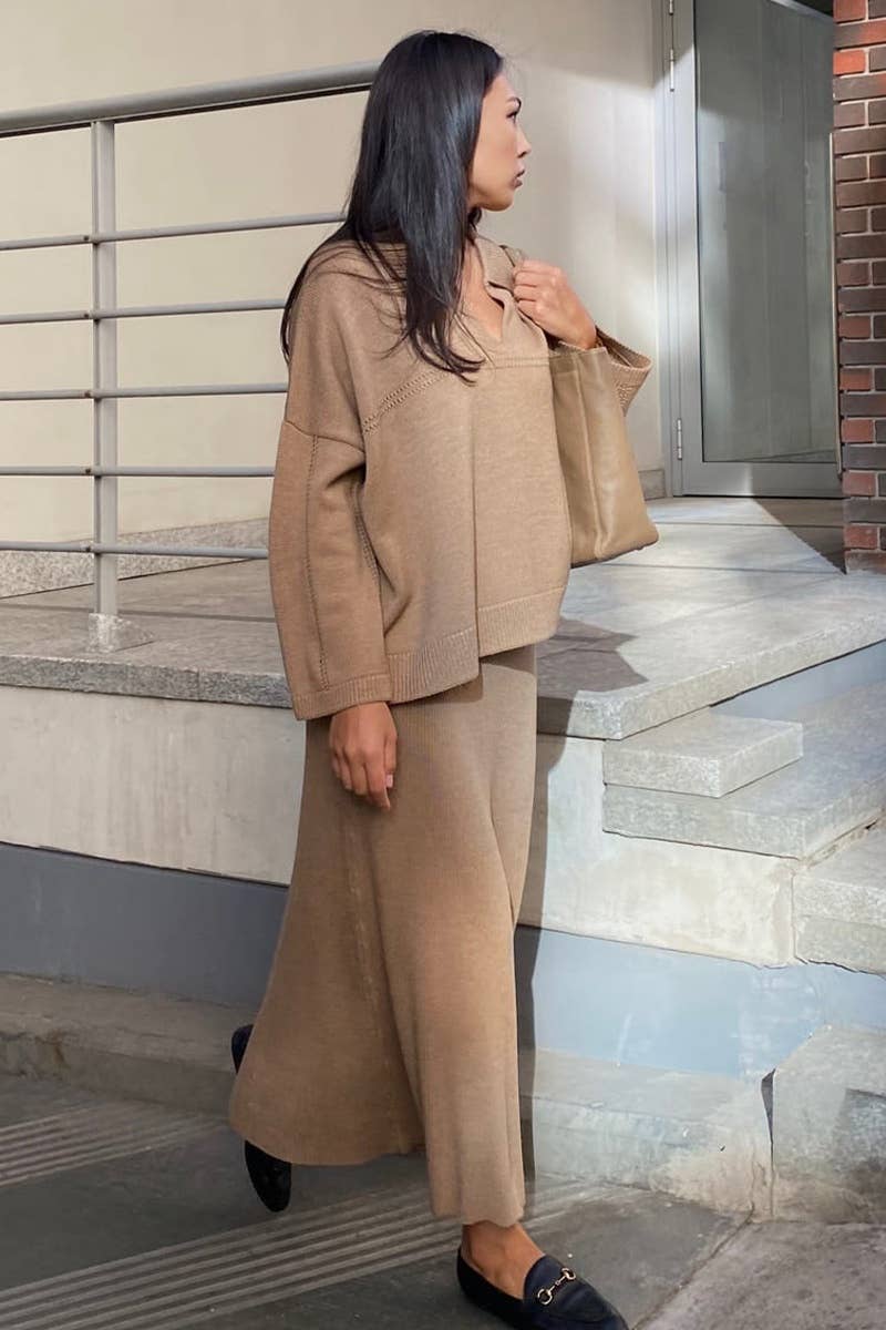 CWSS0750_KNITTED V-NECK LONG SLEEVE SWEATER SKIRT SET