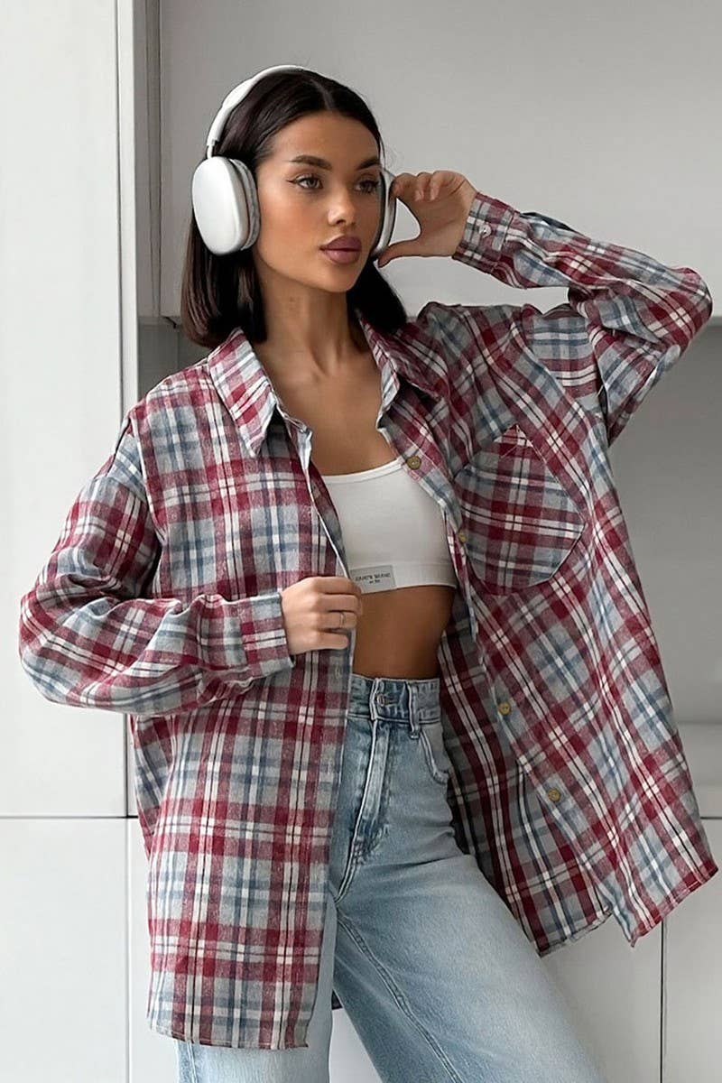 CWTBLL00597_LOOSE RETRO PLAID LONG SLEEVE SHIRT TOP