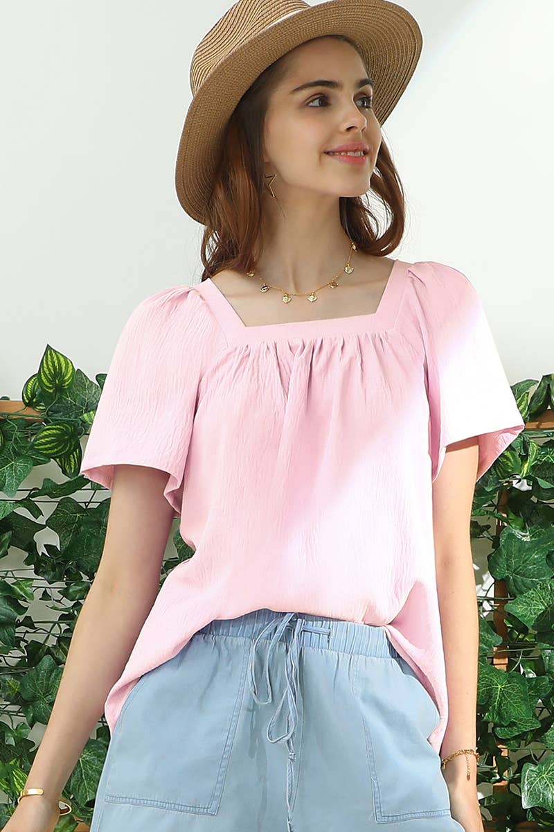 CWTBLS192-P_SQURE NECK RUFFLE NECK SHORT SLEEVE BLOUSES TOP