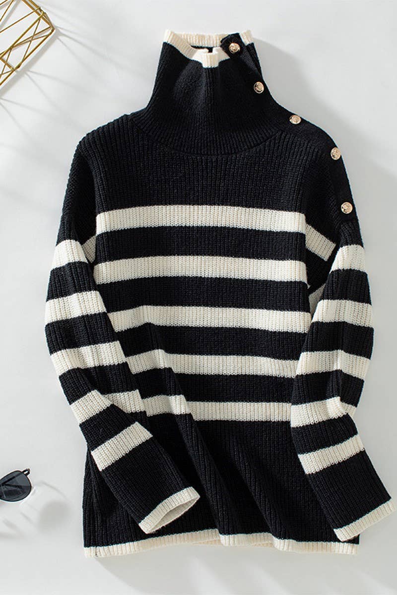 CWOSWL2828_STRIPED LAPEL BUTTON PULLOVER KNIT TOP
