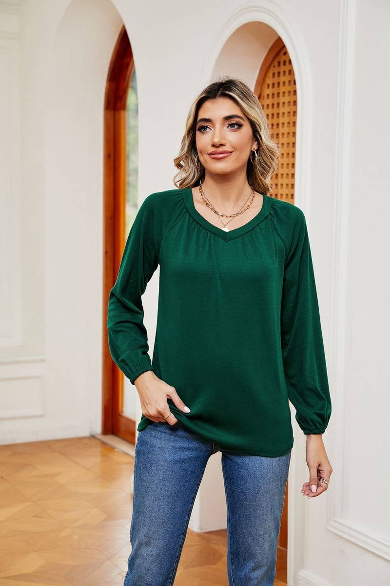 CWTBLL2370_LONG SLEEVE V NECK PLEATED LOOSE PULLOVER