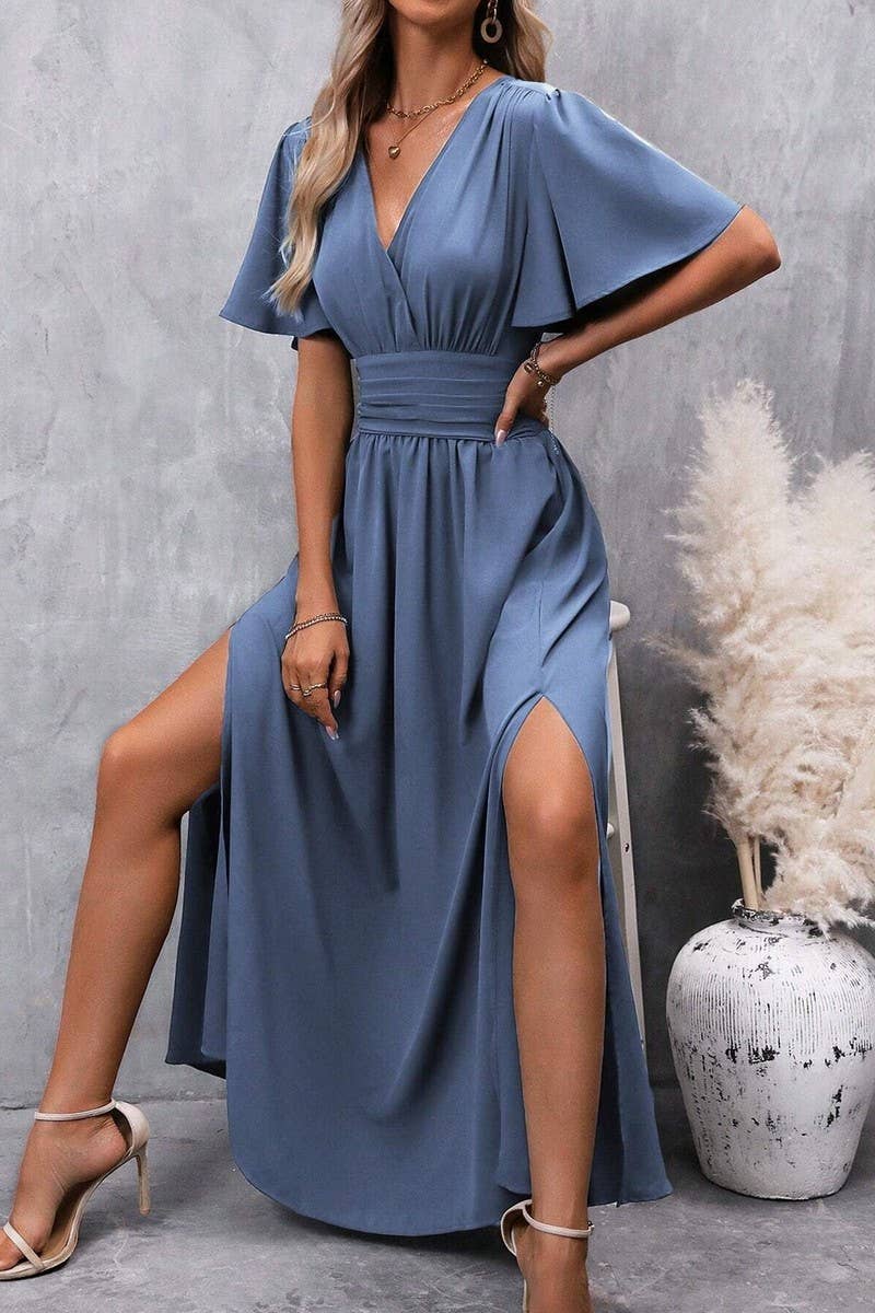 CWDMD4017_DEEP V WAIST LONG DRESS WITH SLITS ON BOTH SIDES