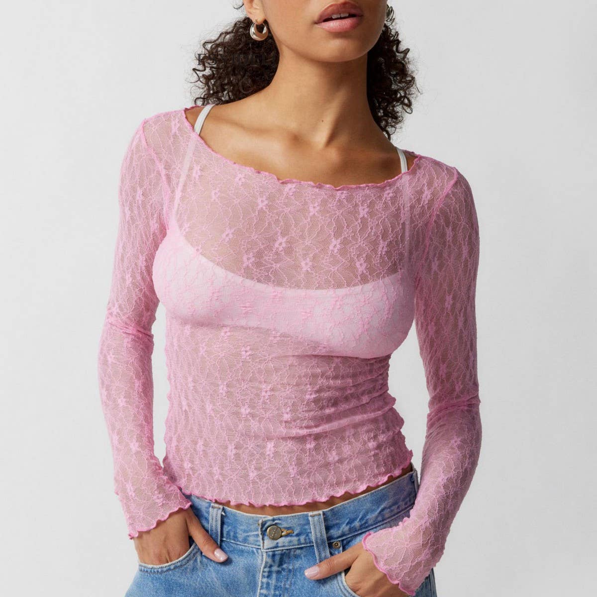 SEMI SHEER MESH LACE T-SHIRT SLIM-FIT CROPPED TOP