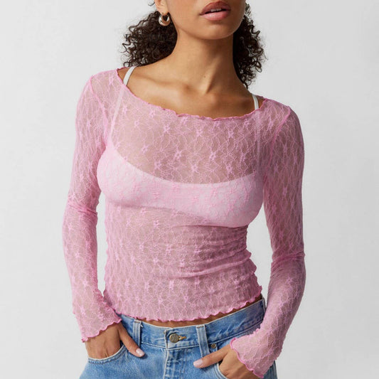 SEMI SHEER MESH LACE T-SHIRT SLIM-FIT CROPPED TOP