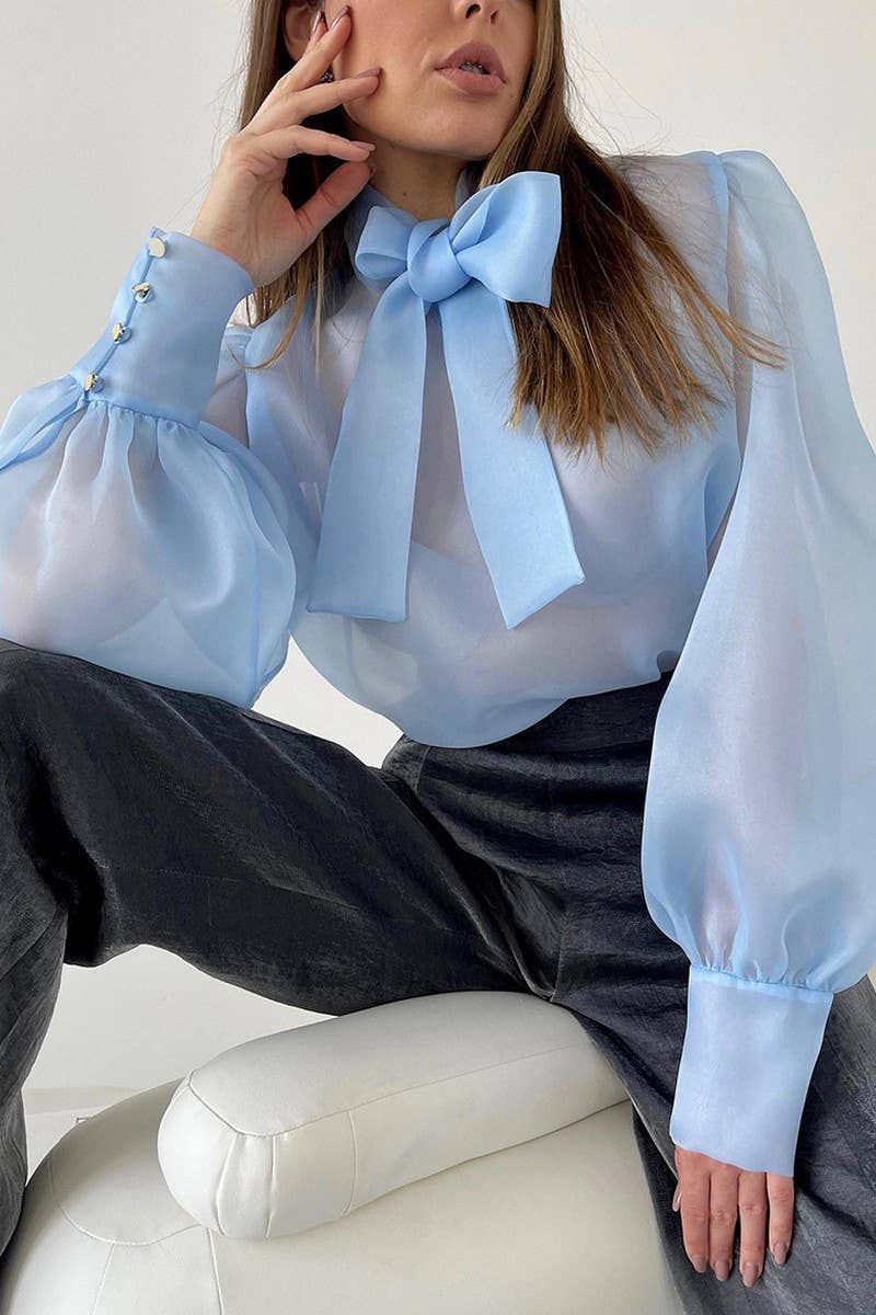 CWTSTL2579_PUFF SLEEVE BOWKNOT SEE-THROUGH LONG SLEEVE TOP