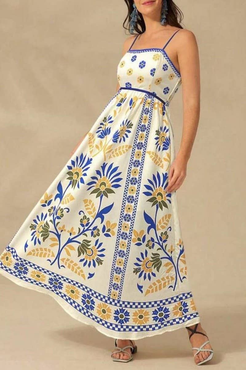 CWDMD5837_FLORAL PRINT STRAPPY BOHO VACATION DRESS