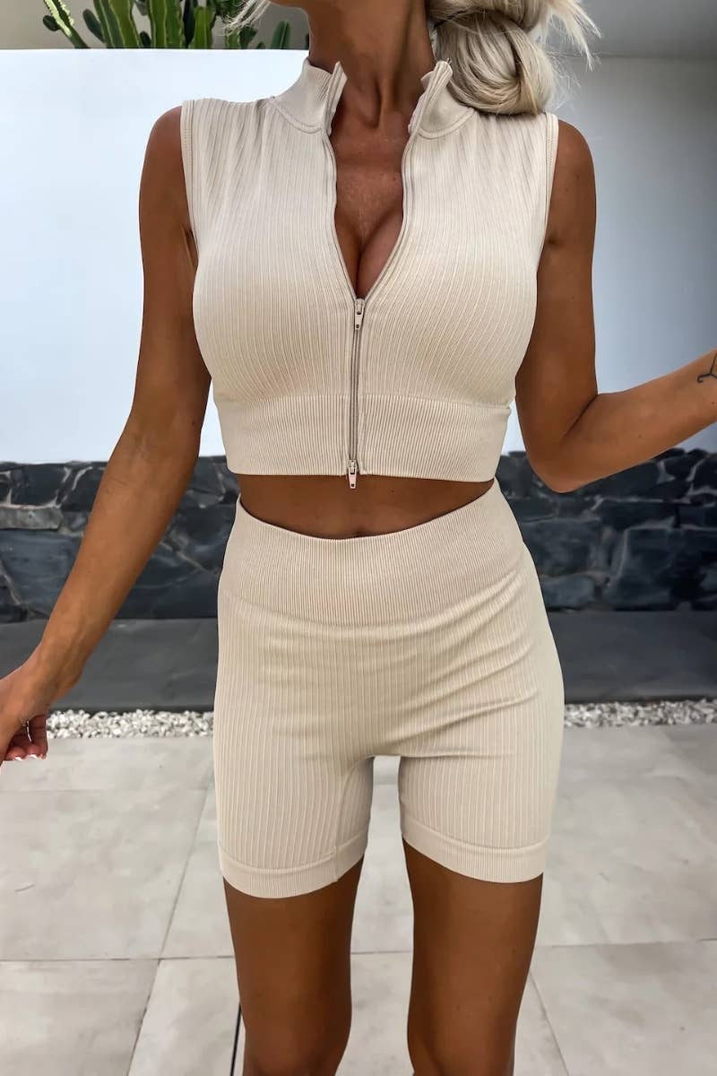 CWSS0515_WOMEN'S ZIP-UP CARDIGAN TOP SHORTS SUIT