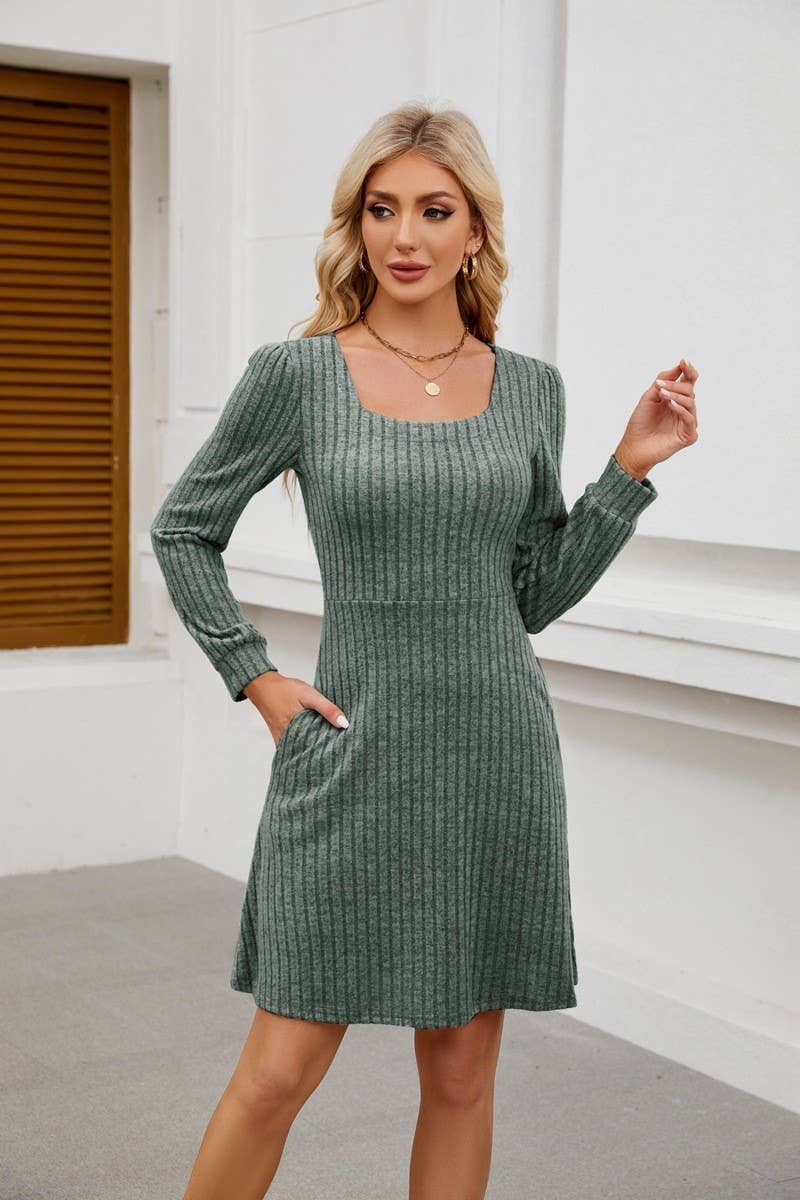 CWDSD8812_SQUARE NECK POCKET KNIT LONG SLEEVE CASUAL DRESS