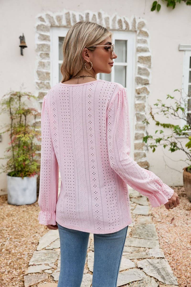 CWTBLL1045_SOLID COLOR V-NECK EYELET LOOSE TOP