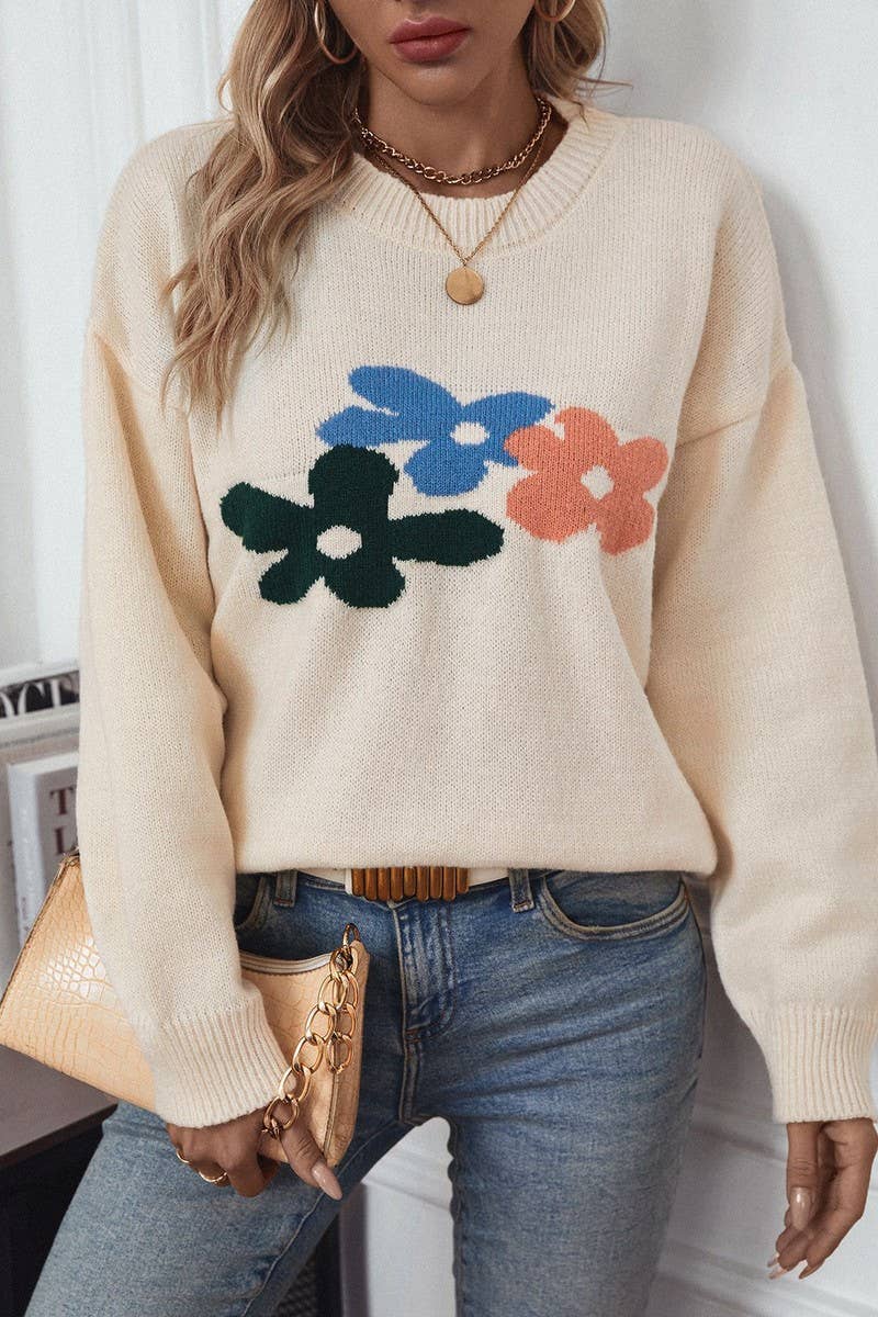 CWOSWL2914_CASUAL FLORAL PRINT CREW NECK KNIT TOP