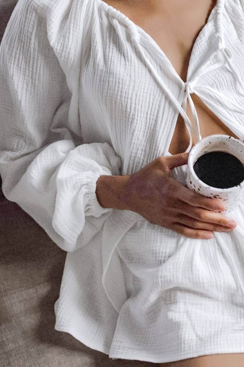 CWSPJ0343_LOOSE COTTON LONG SLEEVE SHORTS PAJAMA SET