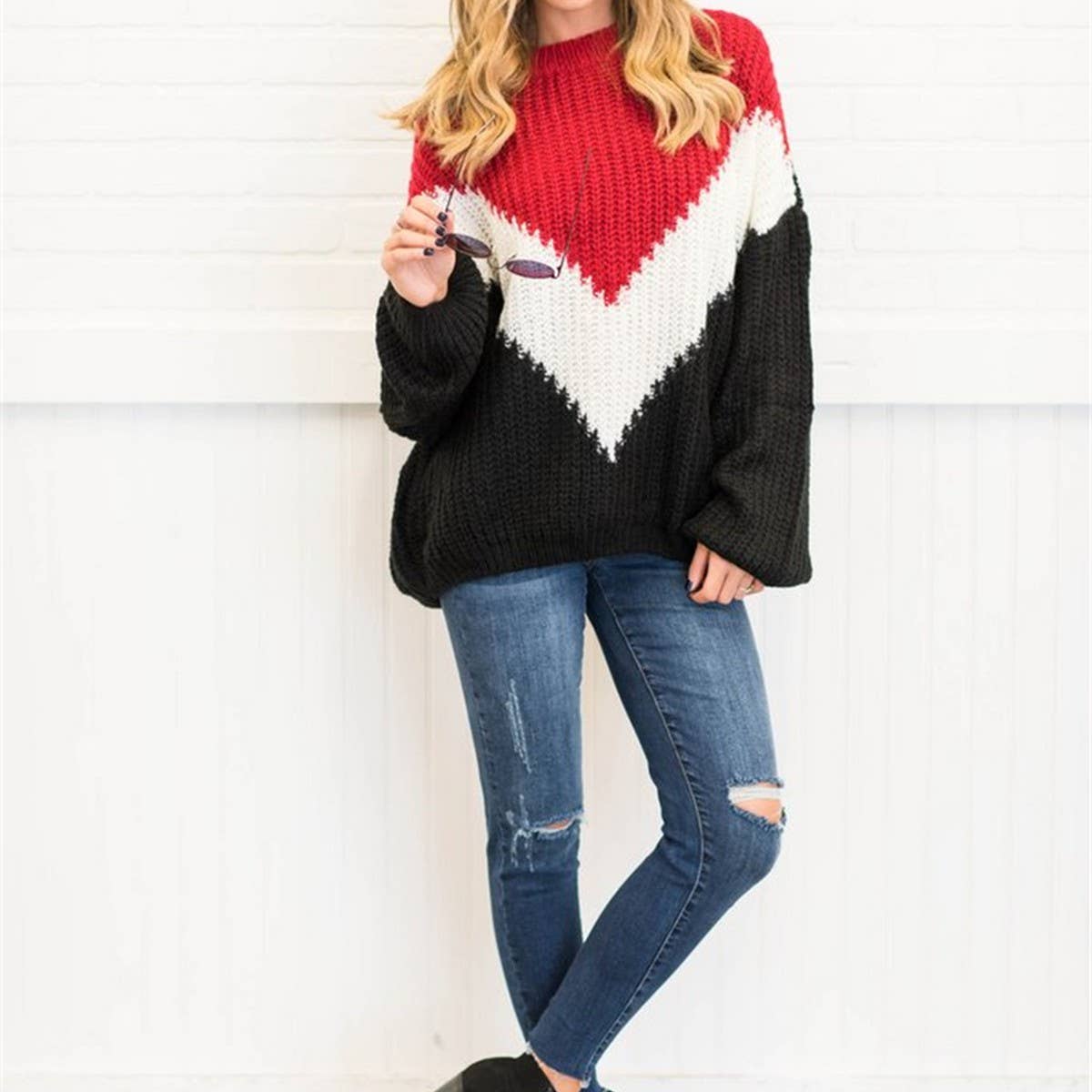 Color contrast large size patchwork striped sweater