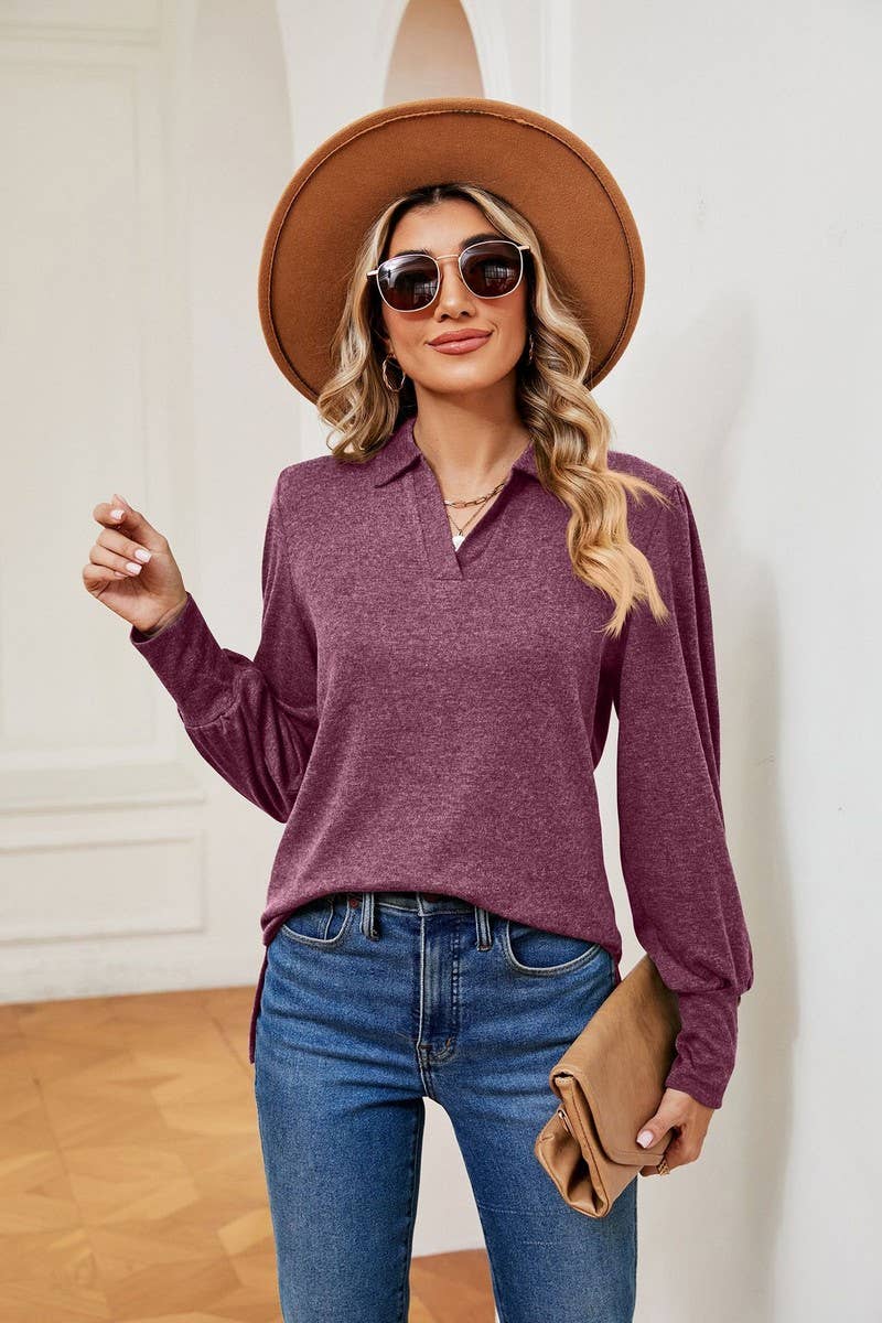 CWTBLL2398_SOLID COLOR POLO NECK LONG SLEEVE BUTTON PULLOVER