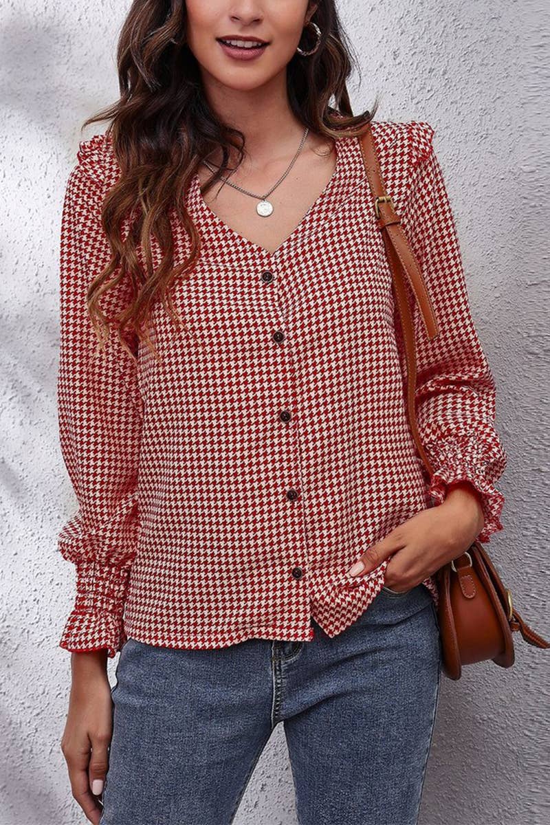 CWTTL1394_V-Neck Casual Long Sleeve Print Top