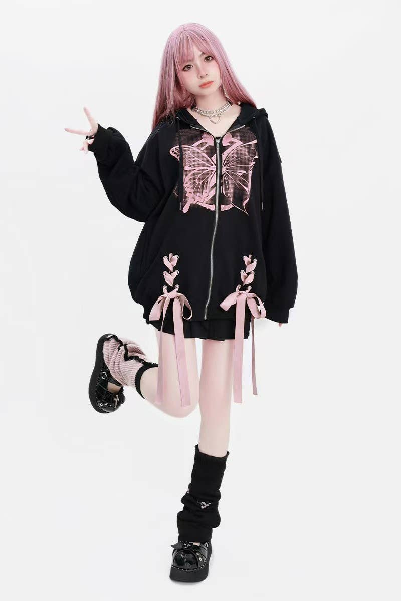 CWOHOL1114_BUTTERFLY PRINT ZIP UP LOOSE HOODIE JACKET