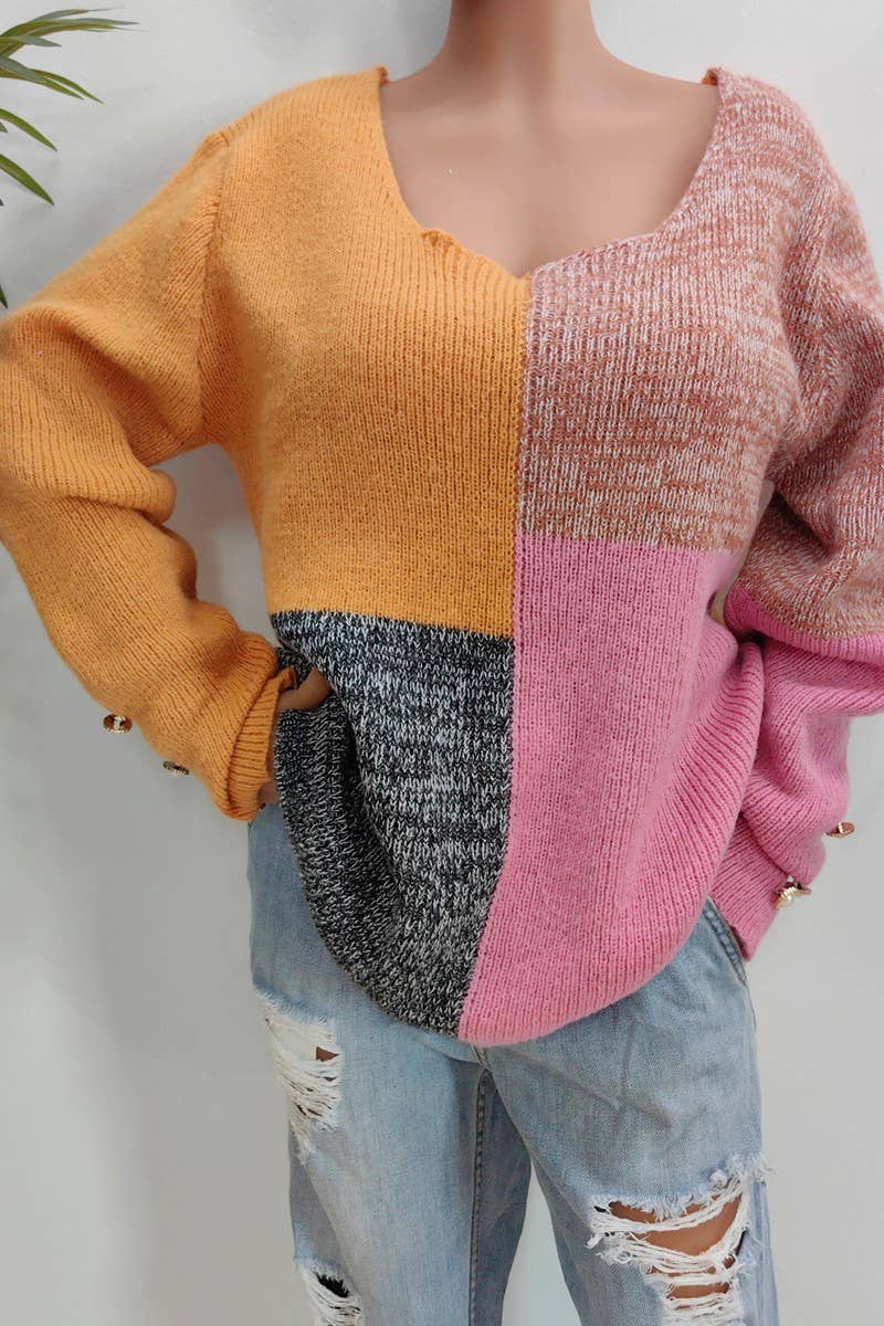 CWTTT00019_WOMEN COLOR BLOCK U NECK KNIT PULLOVER SWEATER