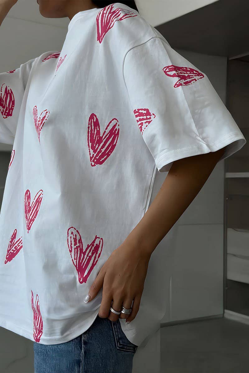 CWTTS1177_HAND-PAINTED HEART PRINT SHORT-SLEEVED T-SHIRT