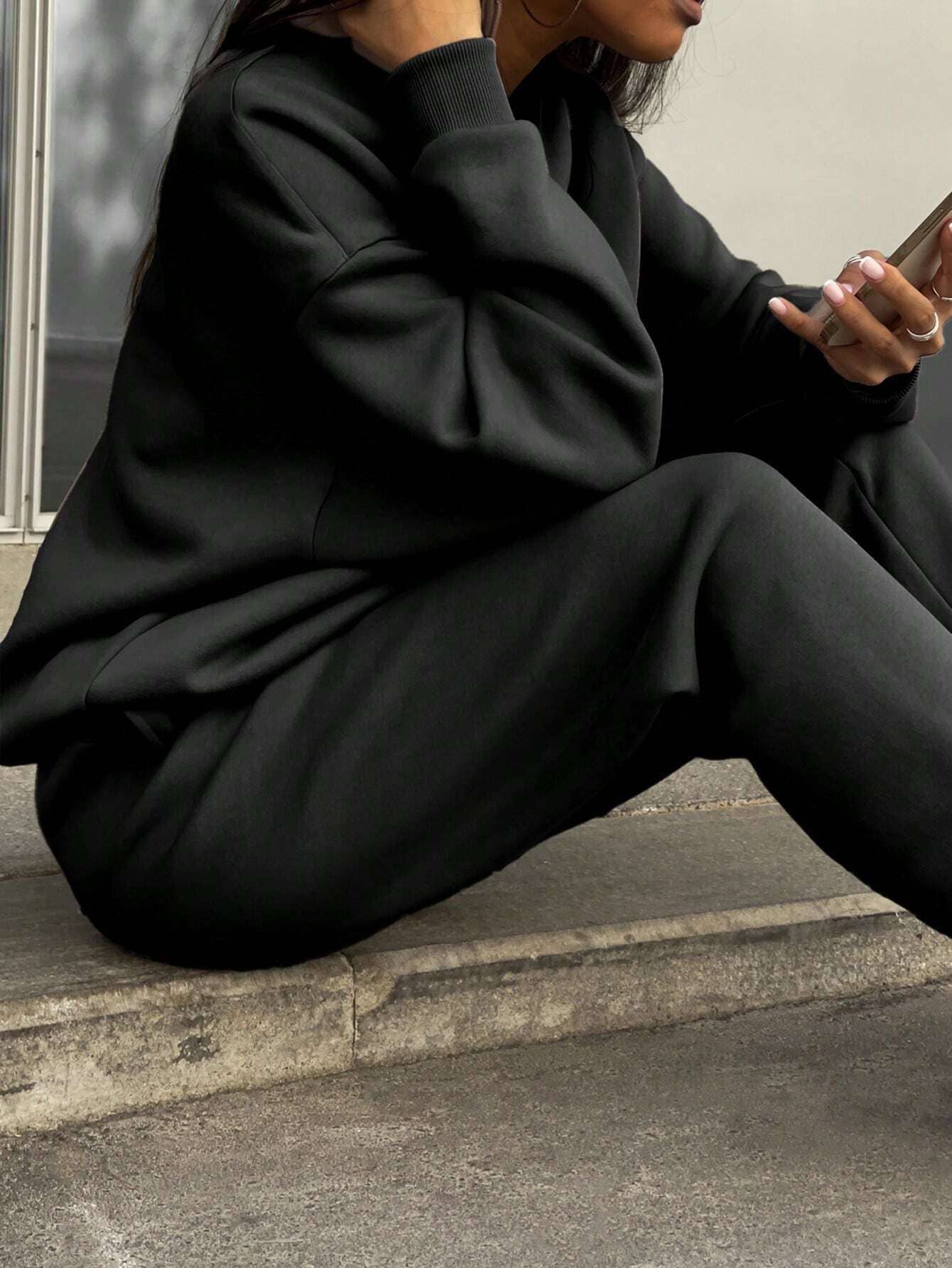 Fashion zipper lapel solid color two-piece set