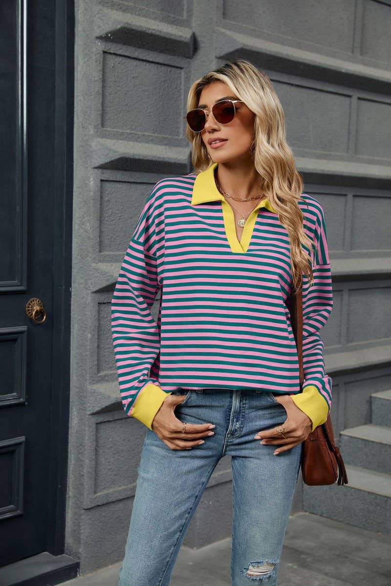 CWTBLL2361_CONTRAST COLOR LAPEL LOOSE STRIPED SWEATSHIRT