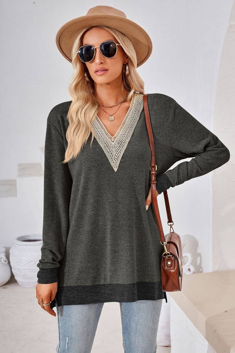 CWTBLL3660_AUTUMN NEW V-NECK LACE SOLID COLOR LOOSE T-SHIRT