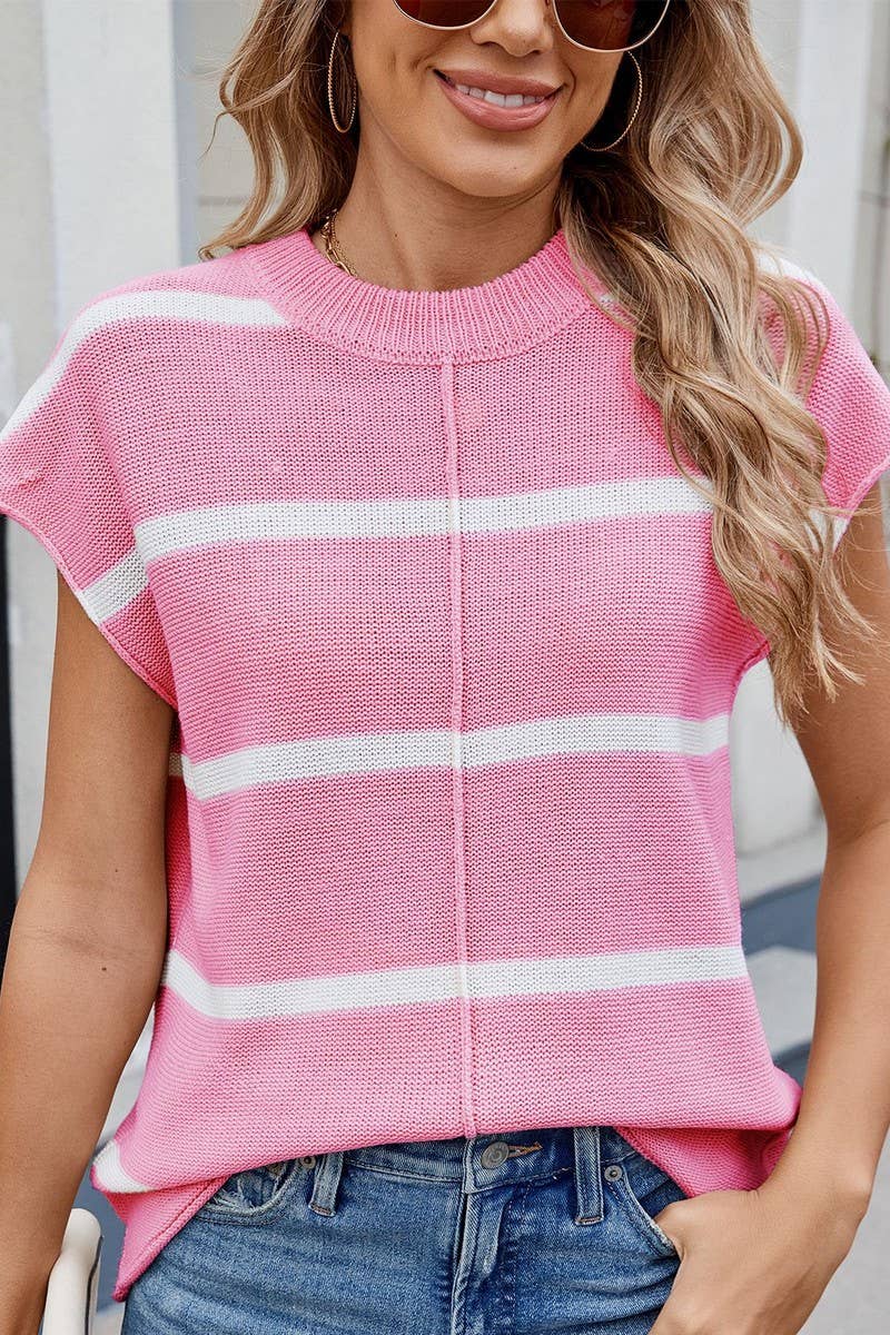 CWTBLS02493_STRIPED CREW NECK SHORT-SLEEVED KNITTED PULLOVER