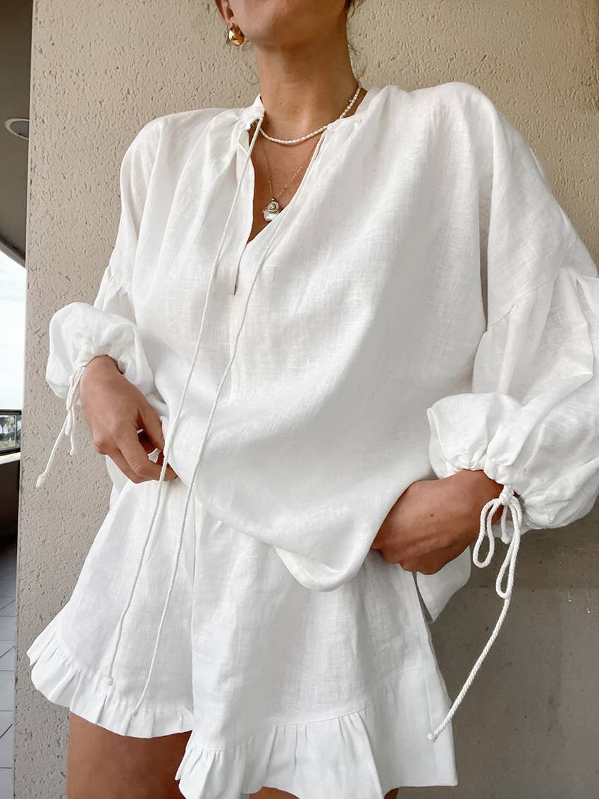 COTTON LINEN V-NECK LANTERN SLEEVE SHORTS SUIT