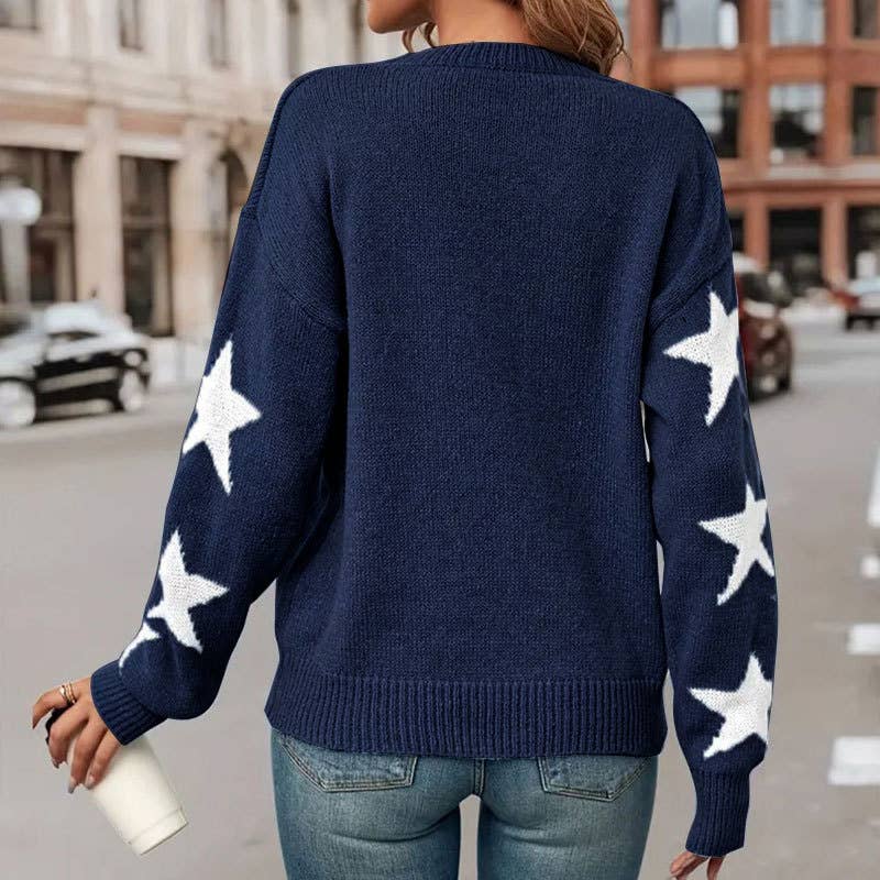 Five-pointed star jacquard round-neck sweater