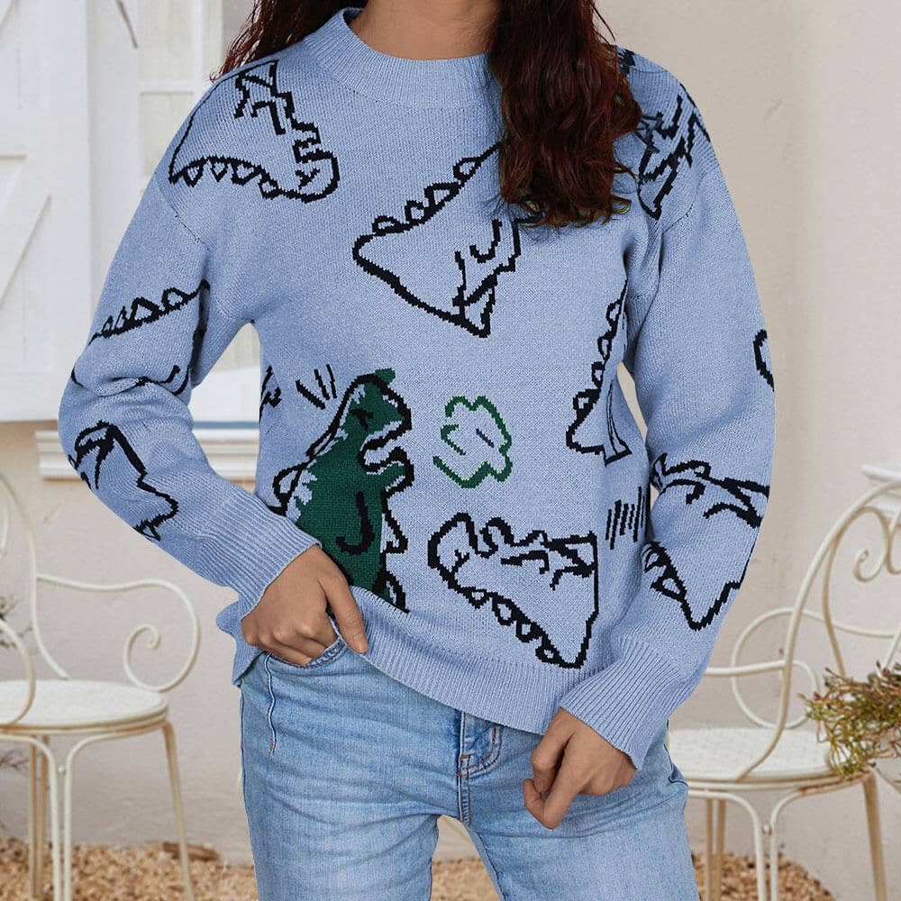 CREW-NECK LOOSE CARTOON DINOSAUR SWEATER