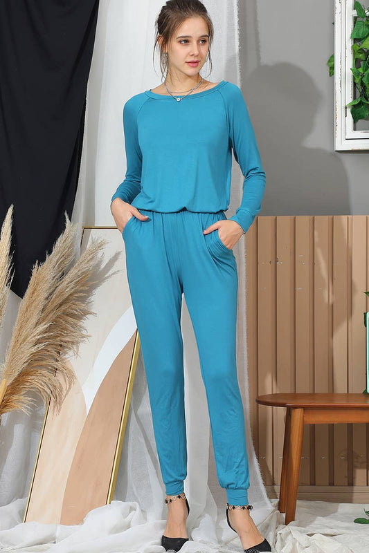CWSJS223_R Neck Casual Jumpsuits Long Sleeve