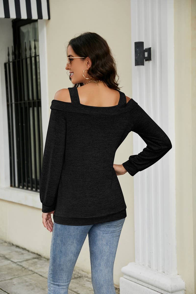 CWTBLL2373_OFF-SHOULDER HOLLOW SOLID COLOR LONG-SLEEVED TOP