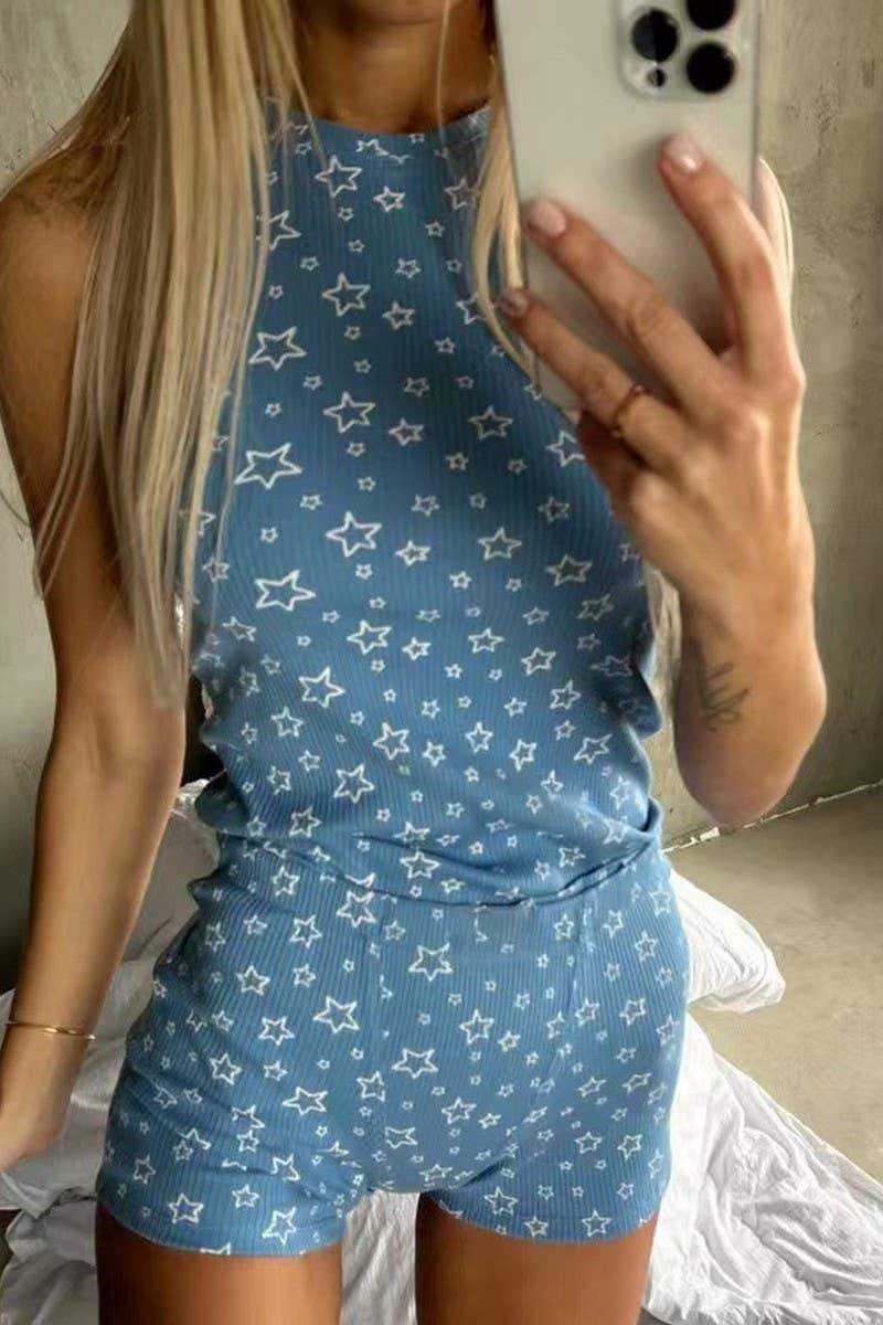 CWSTB2030_CASUAL KNIT SLEEVELESS PRINT SHORTS SET