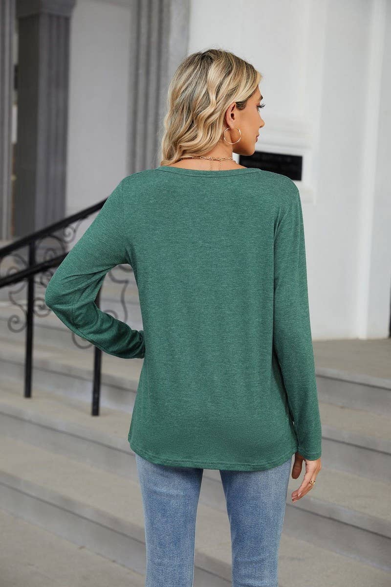 CWTBLL2369_V-NECK SOLID COLOR LOOSE LONG-SLEEVED T-SHIRT