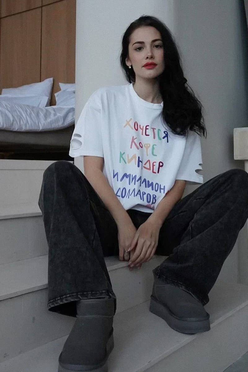 CWTTS1282_LETTER PRINT RIPPED SHORT SLEEVE T-SHIRT