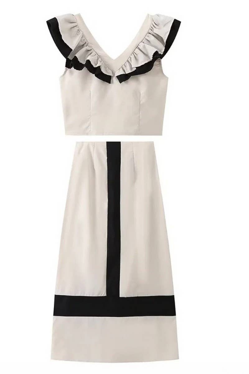 CWSTB1390_V-NECK SHORT-SLEEVED RUFFLED LONG SKIRT SUIT