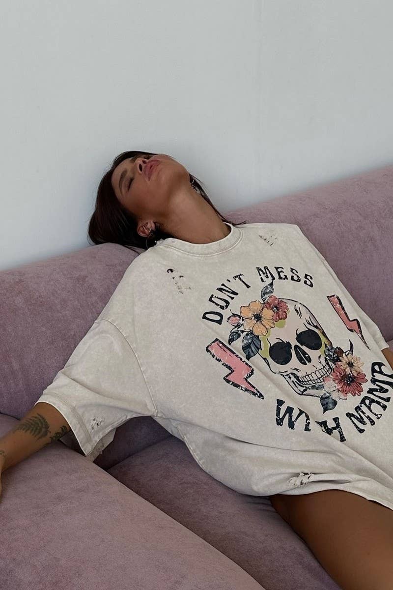 CWTTS1577_PERSONALIZED CASUAL SKULL PRINT HOLE PRINT T-SHIRT