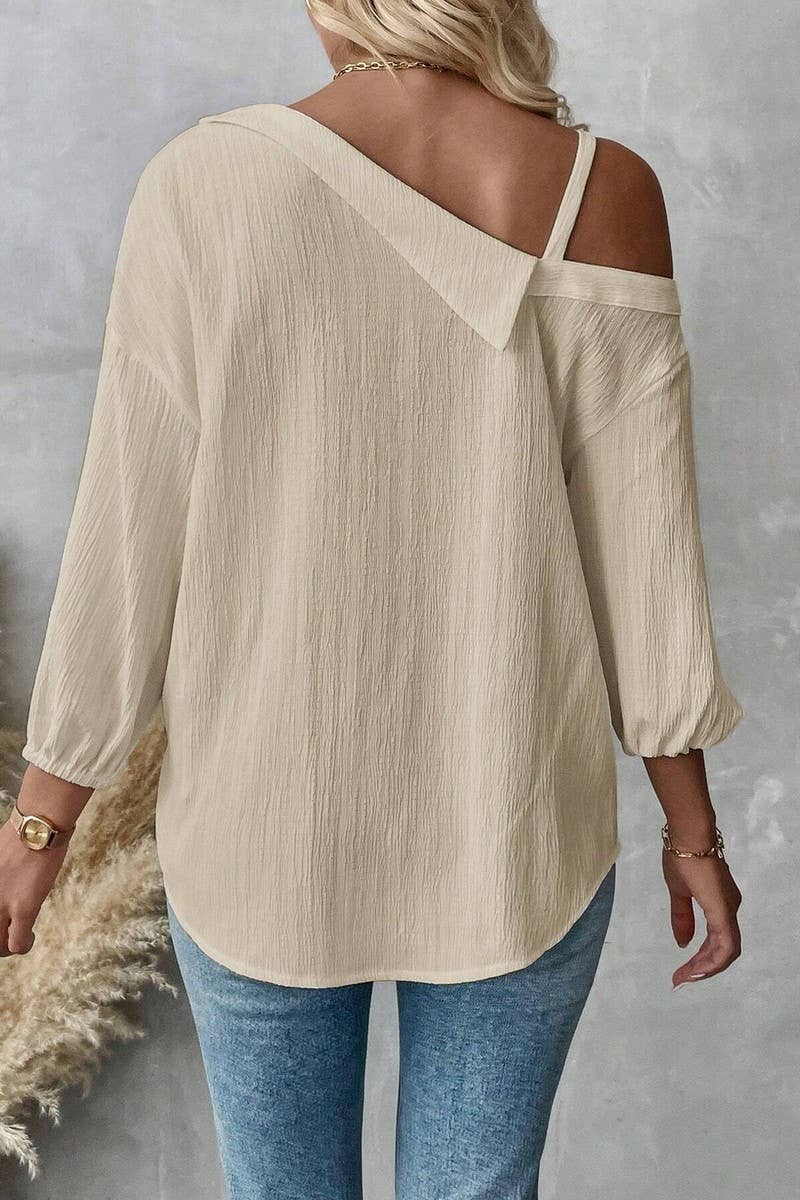 CWTSTL2794_LAPEL OFF-SHOULDER TEXTURED SINGLE-BREASTED SHIRT