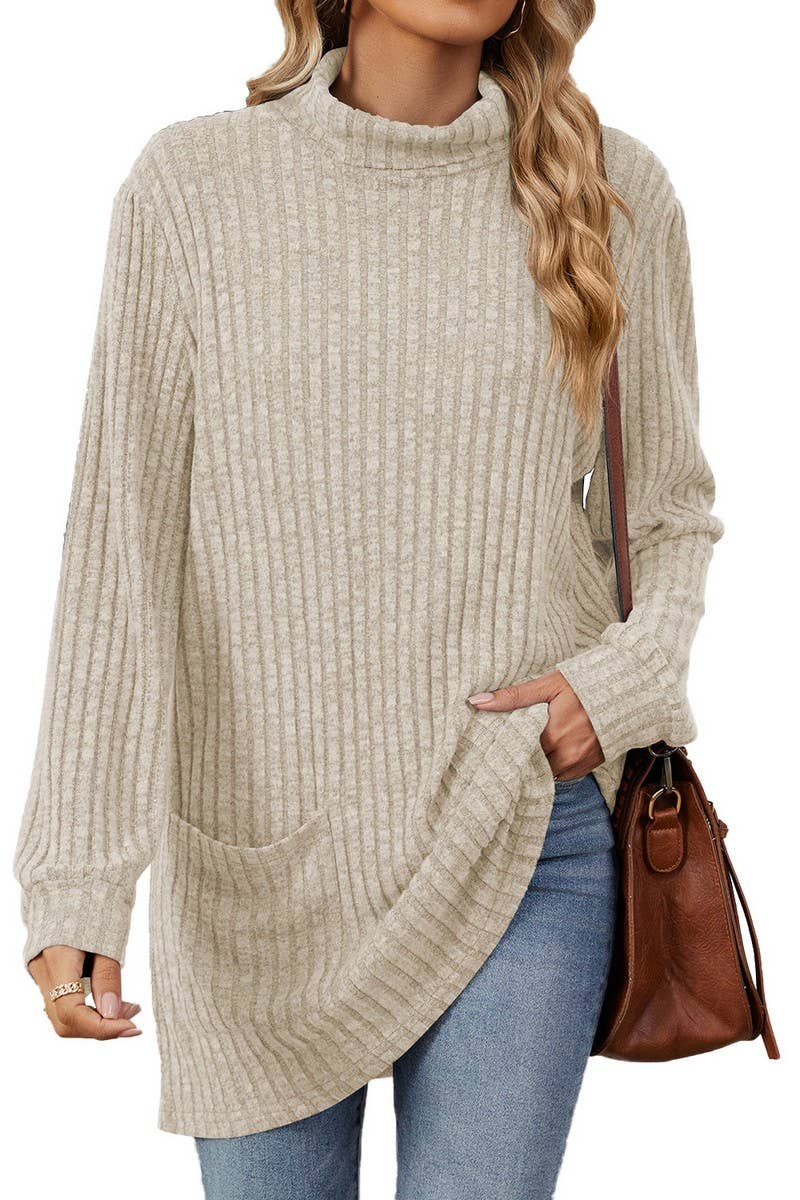 CWTBLL1200_SOLID COLOR RIBBED HALF TURTLENECK POCKET TOP