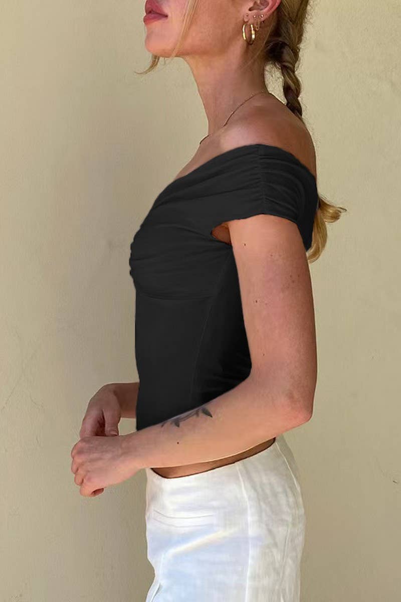 CWTBLSL0741_OFF SHOULDER RUCHED FRONT SEXY CROP TOP