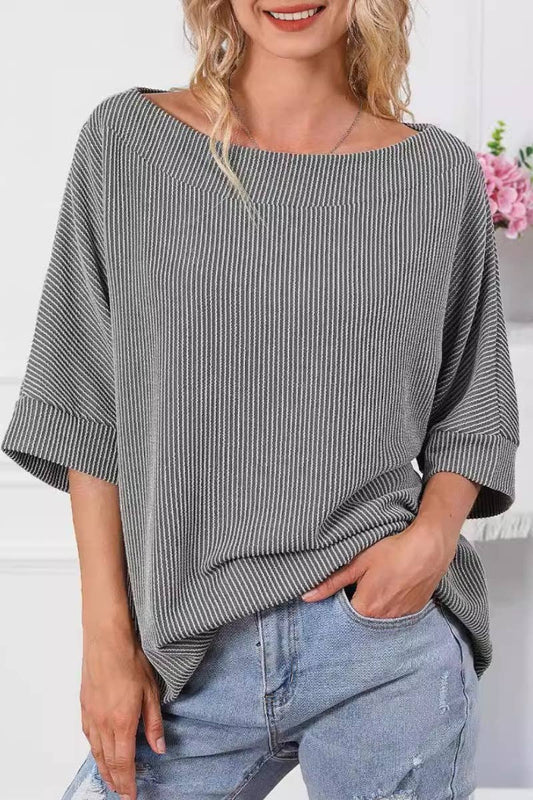 CWTBLS1345_CASUAL LOOSE ROUND NECK BAT-SLEEVED TOP