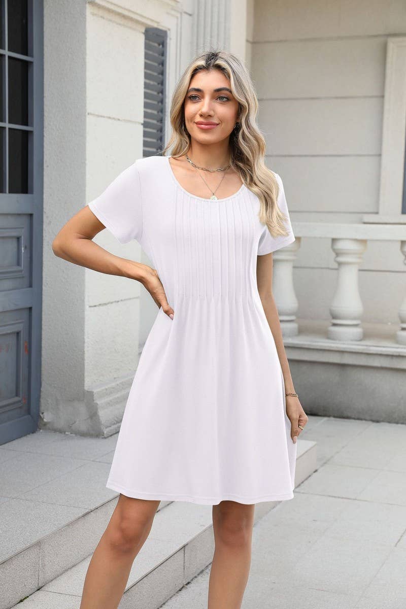 CWDSD10547_SUMMER SOLID COLOR ROUND NECK LOOSE POCKET DRESS